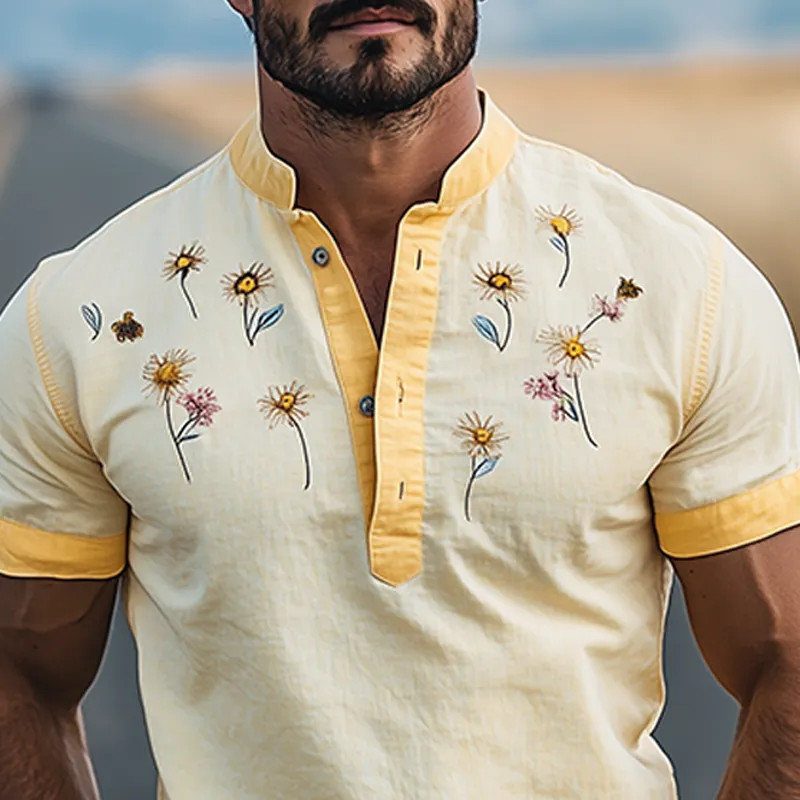 Men's Summer Fashion Henley Collar Flower Embroidery Stitching Cotton and Linen Short Sleeve T-shirt MTA2194D6K sold by Manly product image thumbnail 4