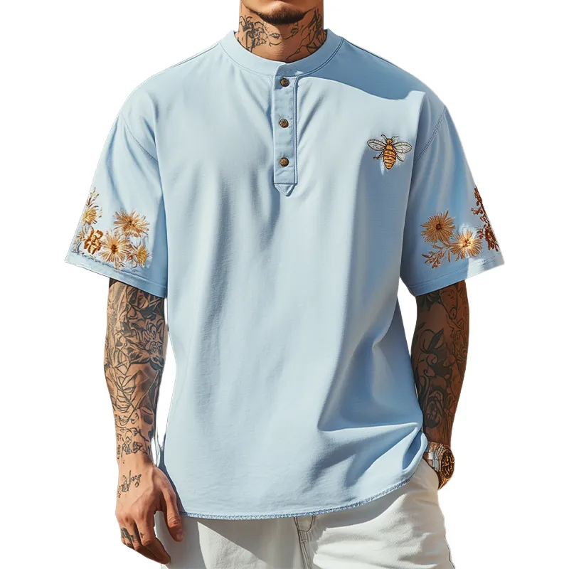 Men's Summer Fashion Henley Collar Flowers and Bee Embroidery Cotton Blend Short Sleeve T-Shirt MTA2137D5K sold by Manly