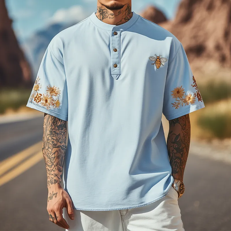 Men's Summer Fashion Henley Collar Flowers and Bee Embroidery Cotton Blend Short Sleeve T-Shirt MTA2137D5K sold by Manly product image thumbnail 2