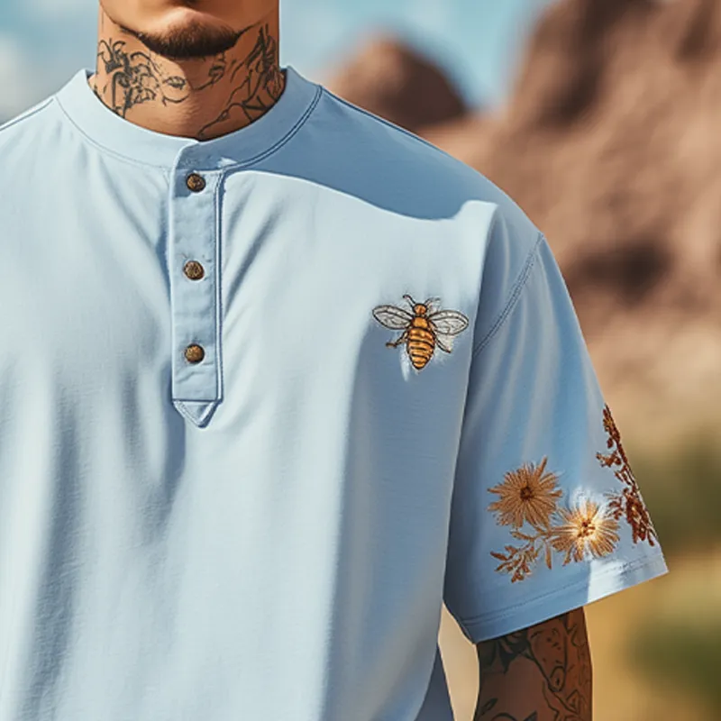 Men's Summer Fashion Henley Collar Flowers and Bee Embroidery Cotton Blend Short Sleeve T-Shirt MTA2137D5K sold by Manly product image thumbnail 4