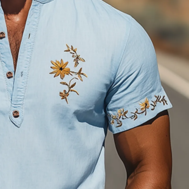 Men's Summer Fashion Henley Collar Flower Embroidery Cotton and Linen Short Sleeve T-shirt MTA2133D2K sold by Manly product image thumbnail 5