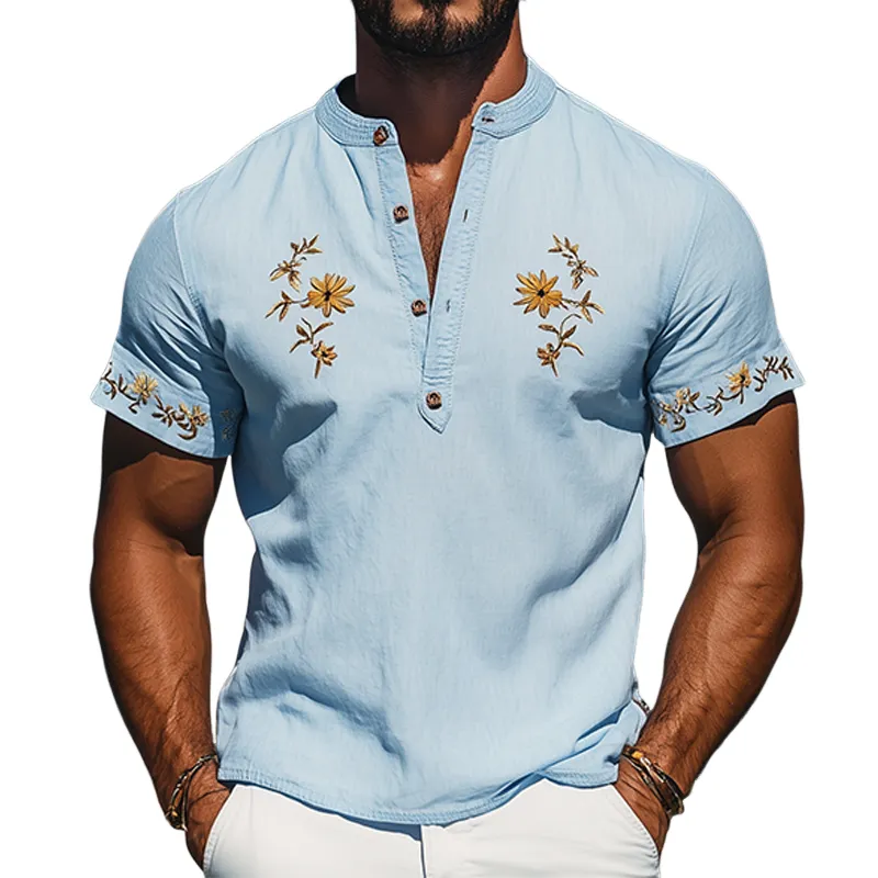 Men's Summer Fashion Henley Collar Flower Embroidery Cotton and Linen Short Sleeve T-shirt MTA2133D2K sold by Manly