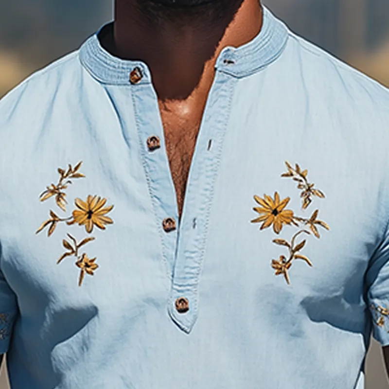 Men's Summer Fashion Henley Collar Flower Embroidery Cotton and Linen Short Sleeve T-shirt MTA2133D2K sold by Manly product image thumbnail 4