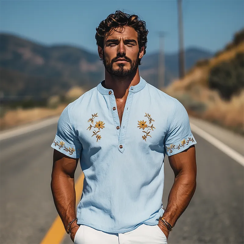 Men's Summer Fashion Henley Collar Flower Embroidery Cotton and Linen Short Sleeve T-shirt MTA2133D2K sold by Manly product image thumbnail 3