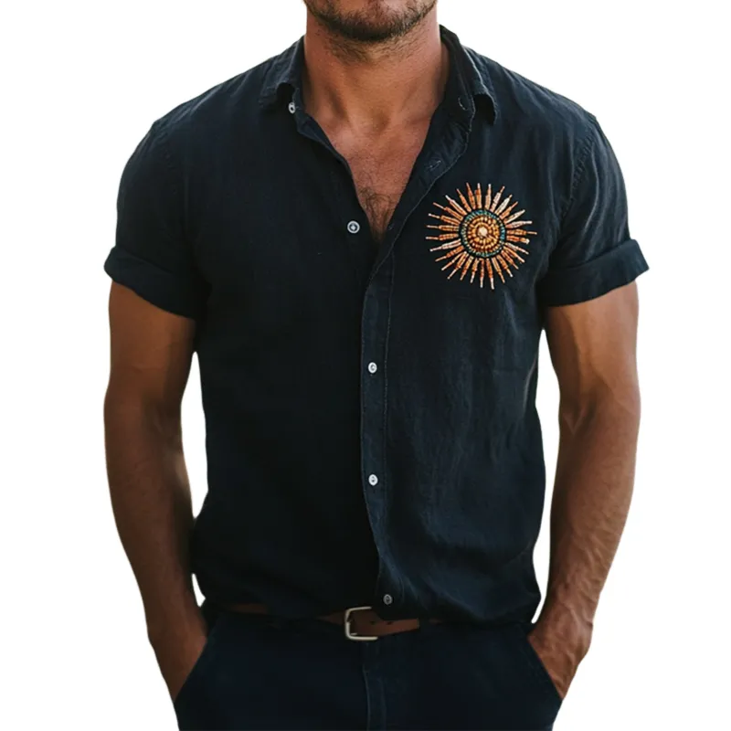 Men's Retro Casual Sunglasses Handmade Beading Linen Lapel Short Sleeve Shirt MTA2404D1TO sold by Manly