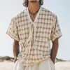 Men's Retro Casual Diamond Print Linen V-Neck Tie Short Sleeve Shirt MTA2461D3TO sold by Manly