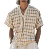 Men's Retro Casual Diamond Print Linen V-Neck Tie Short Sleeve Shirt MTA2461D3TO sold by Manly