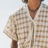 Men's Retro Casual Diamond Print Linen V-Neck Tie Short Sleeve Shirt MTA2461D3TO sold by Manly