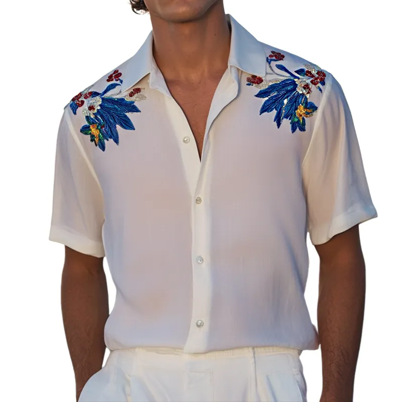 Men's Retro Casual Floral Heavy Beading Lapel Short Sleeve Shirt MTA2429D0TO sold by Manly