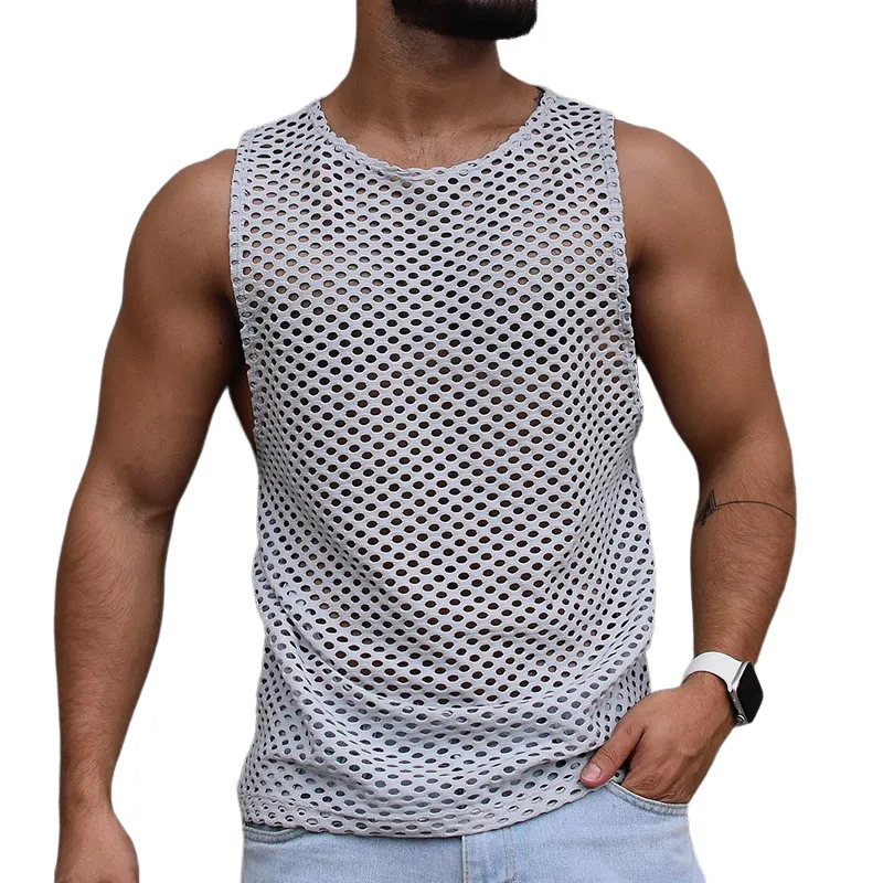 Men's Retro Casual Large Mesh Crew Neck Tank Top MTA2409D8TO sold by Manly
