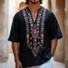 Men's Retro Casual Aztec Embroidered V-Neck Linen Short Sleeve Shirt MTA2474D0TO sold by Manly