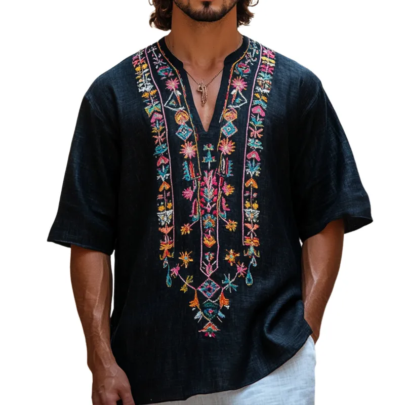 Men's Retro Casual Aztec Embroidered V-Neck Linen Short Sleeve Shirt MTA2474D0TO sold by Manly