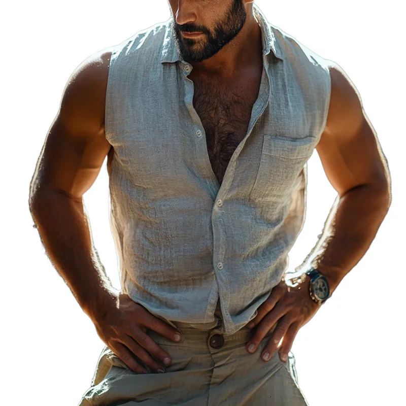 Men's Vintage Casual Lumberjack Linen Pocket Lapel Sleeveless Shirt MTA2414D8TO sold by Manly