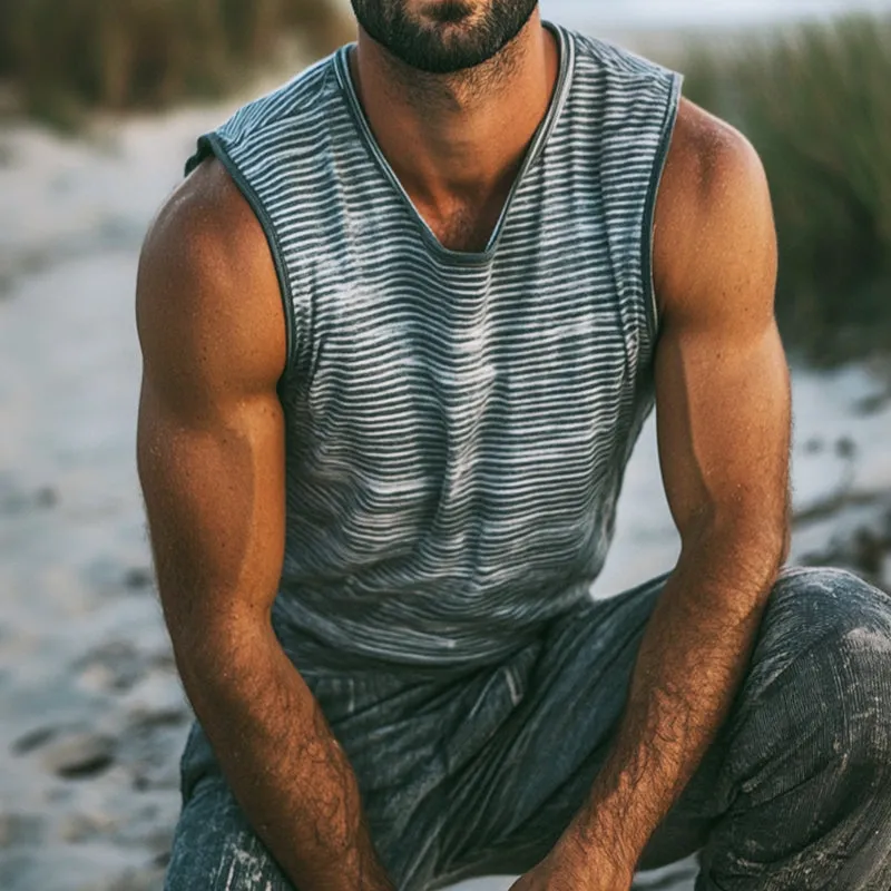 Men's Retro Casual Shabby Stripe Printed Crew Neck Tank Top MTA2487D5TO sold by Manly product image thumbnail 2