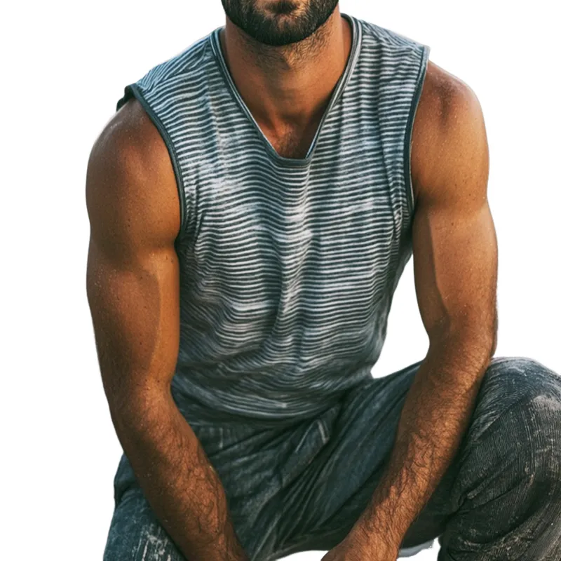 Men's Retro Casual Shabby Stripe Printed Crew Neck Tank Top MTA2487D5TO sold by Manly