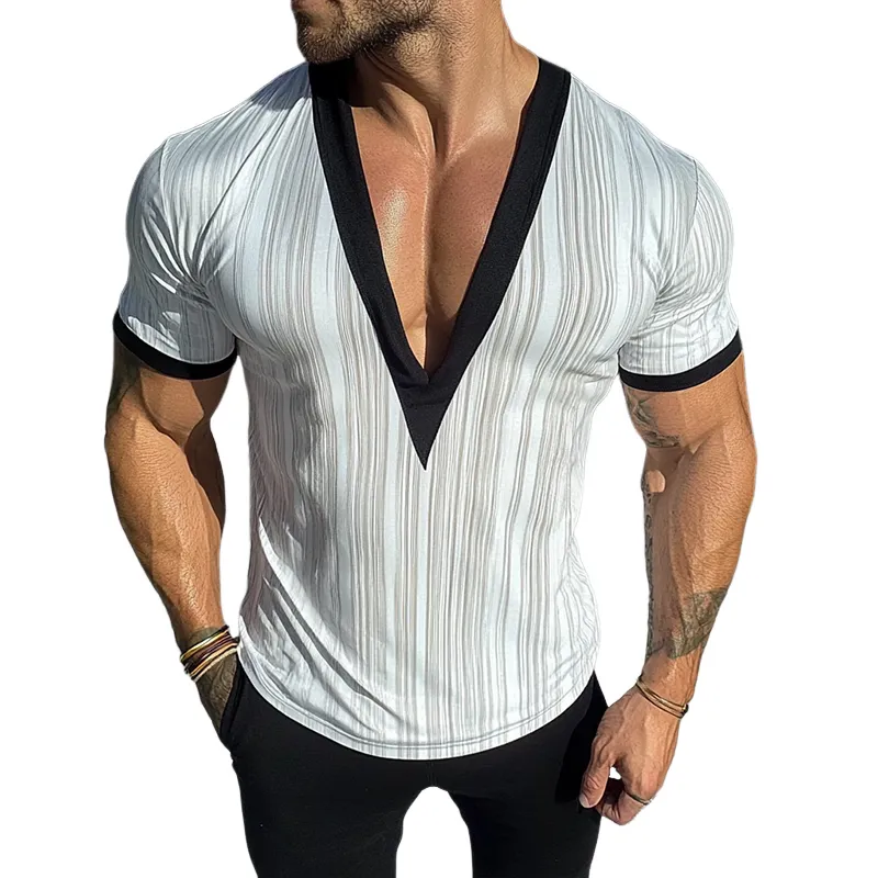 Men's Retro Casual Striped Print V-Neck Short Sleeve T-Shirt MTA2428D2TO sold by Manly