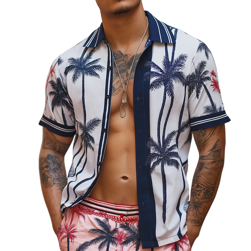 Men's Retro Casual Hawaiian Coconut Tree Print Beach Lapel Short Sleeve Shirt MTA2498D3TO sold by Manly