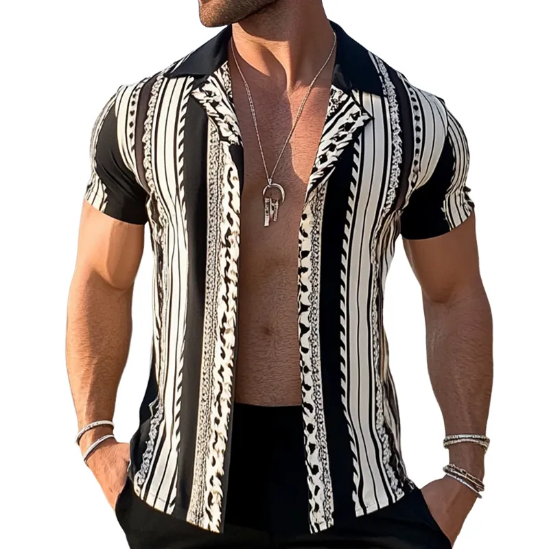 Men's Retro Casual Geometric Stripe Print Beach Lapel Short Sleeve Shirt MTA2434D3TO sold by Manly
