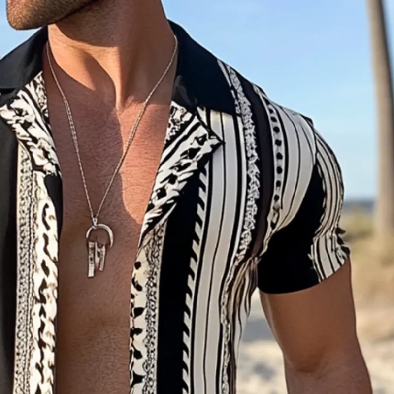 Men's Retro Casual Geometric Stripe Print Beach Lapel Short Sleeve Shirt MTA2434D3TO sold by Manly product image thumbnail 3