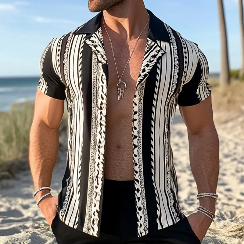 Men's Retro Casual Geometric Stripe Print Beach Lapel Short Sleeve Shirt MTA2434D3TO sold by Manly product image thumbnail 2