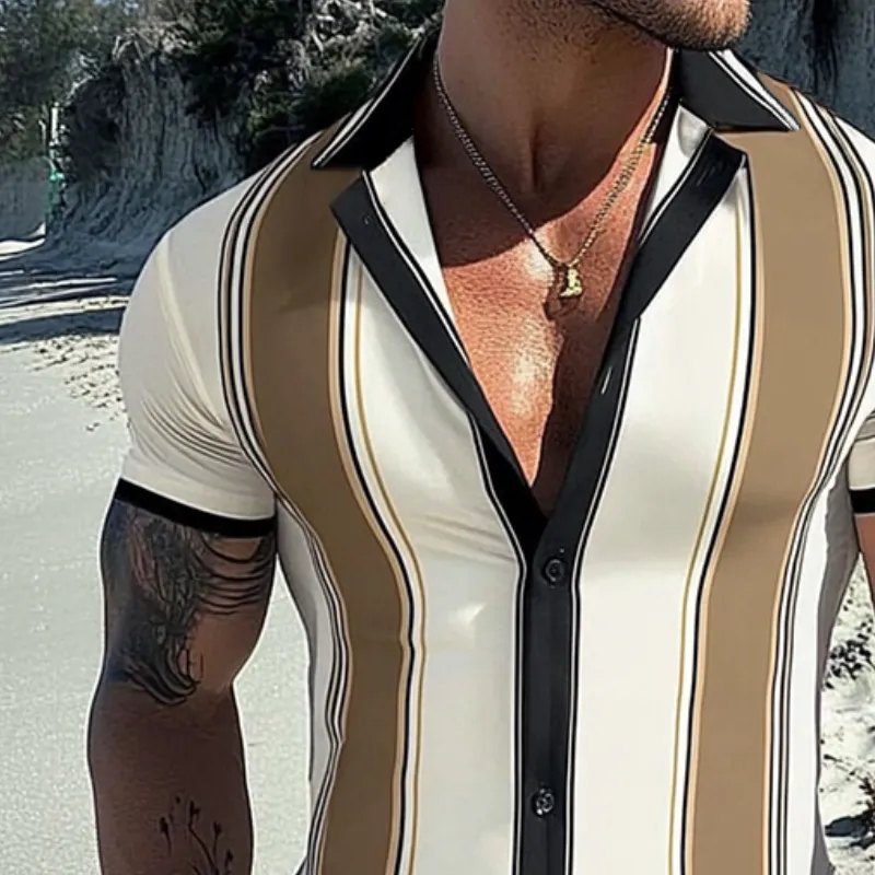 Men's Retro Casual Geometric Stripe Print Beach Lapel Short Sleeve Shirt MTA2485D9TO sold by Manly product image thumbnail 3