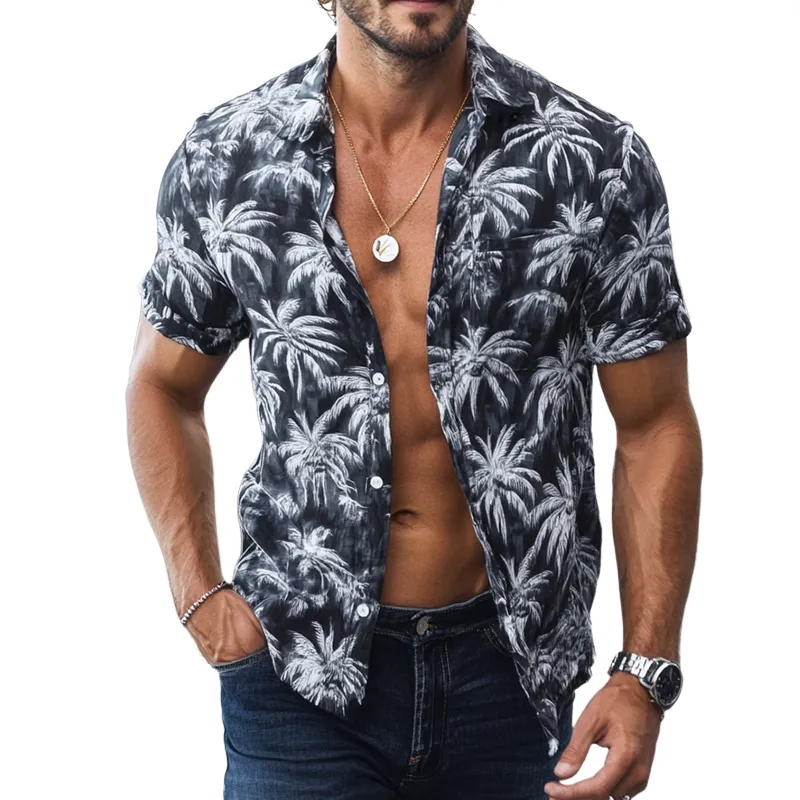 Men's Retro Casual Hawaiian Coconut Tree Print Beach Lapel Short Sleeve Shirt MTA2421D8TO sold by Manly
