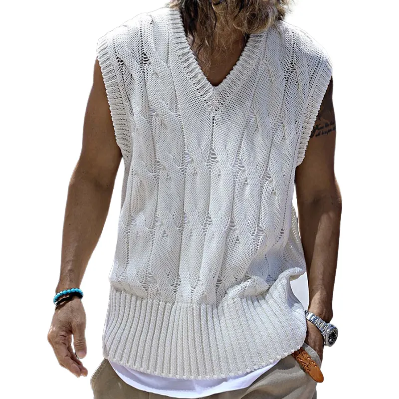 Men's Retro Casual Solid Color Knitted Crew Neck Tank Top MTA2265D3TO sold by Manly