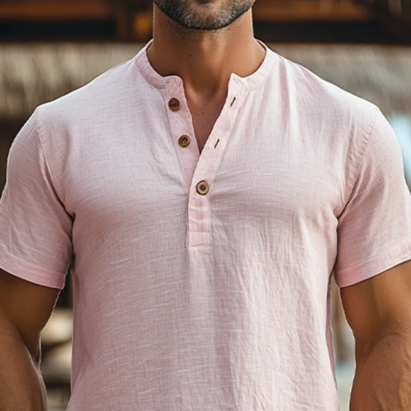 Men's Summer Fashion Casual Vacation Style Breathable Hemp Henley Collar Short-sleeved T-shirt MTA2428D1K sold by Manly product image thumbnail 5