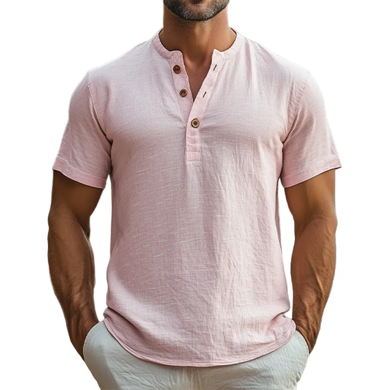 Men's Summer Fashion Casual Vacation Style Breathable Hemp Henley Collar Short-sleeved T-shirt MTA2428D1K sold by Manly