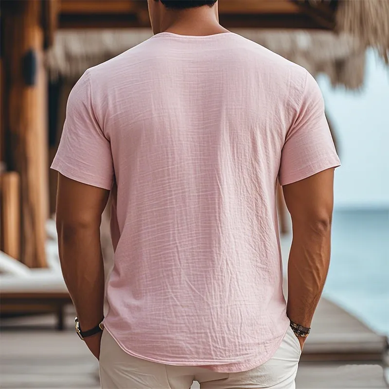 Men's Summer Fashion Casual Vacation Style Breathable Hemp Henley Collar Short-sleeved T-shirt MTA2428D1K sold by Manly product image thumbnail 3