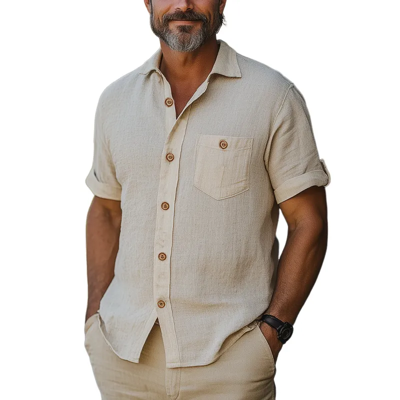 Men's Summer Fashion Casual Vacation Style Hemp Pocket Short-sleeved Shirt MTA2450D4K sold by Manly