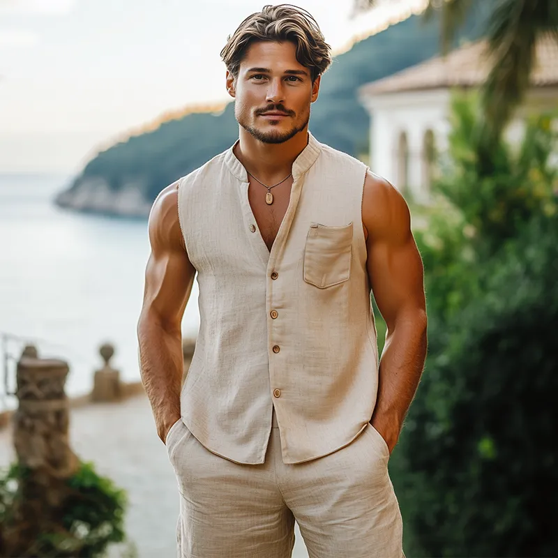 Men's Summer Fashion Casual Vacation Style Hemp Stand Collar Sleeveless Shirt MTA2497D1K sold by Manly product image thumbnail 3