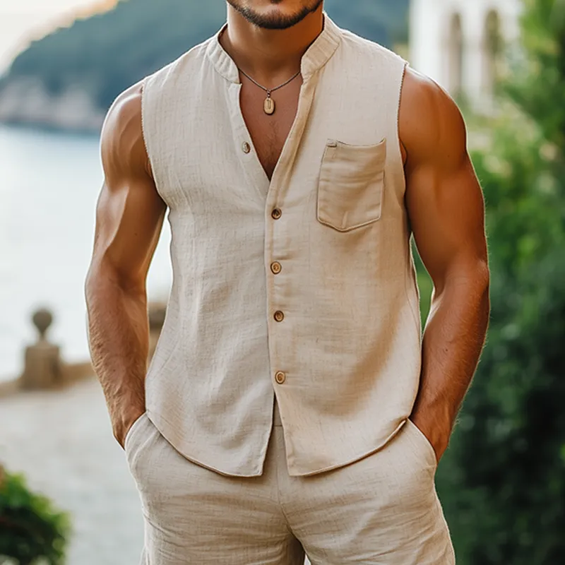 Men's Summer Fashion Casual Vacation Style Hemp Stand Collar Sleeveless Shirt MTA2497D1K sold by Manly product image thumbnail 2