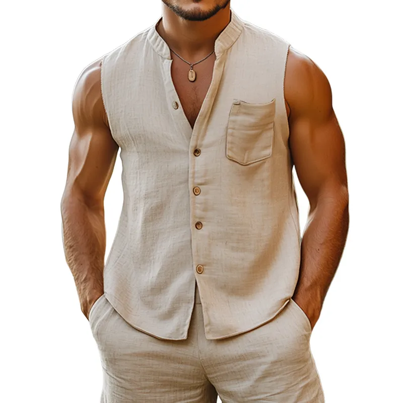 Men's Summer Fashion Casual Vacation Style Hemp Stand Collar Sleeveless Shirt MTA2497D1K sold by Manly