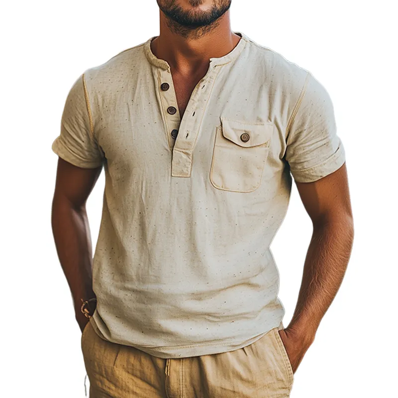 Men's Summer Fashion Classic Casual Hemp Henley Collar Short Sleeve T-Shirt MTA2415D0K sold by Manly