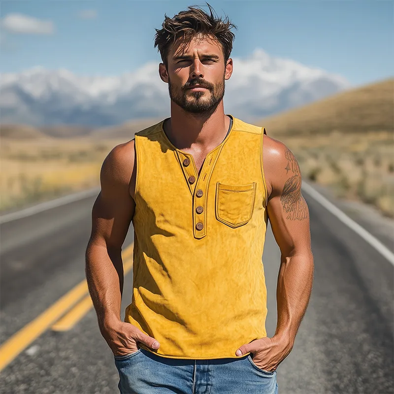 Men's Summer Fashion Casual Retro Western V-neck Slim Thin Suede Tank Top MTA2430D9K sold by Manly product image thumbnail 4