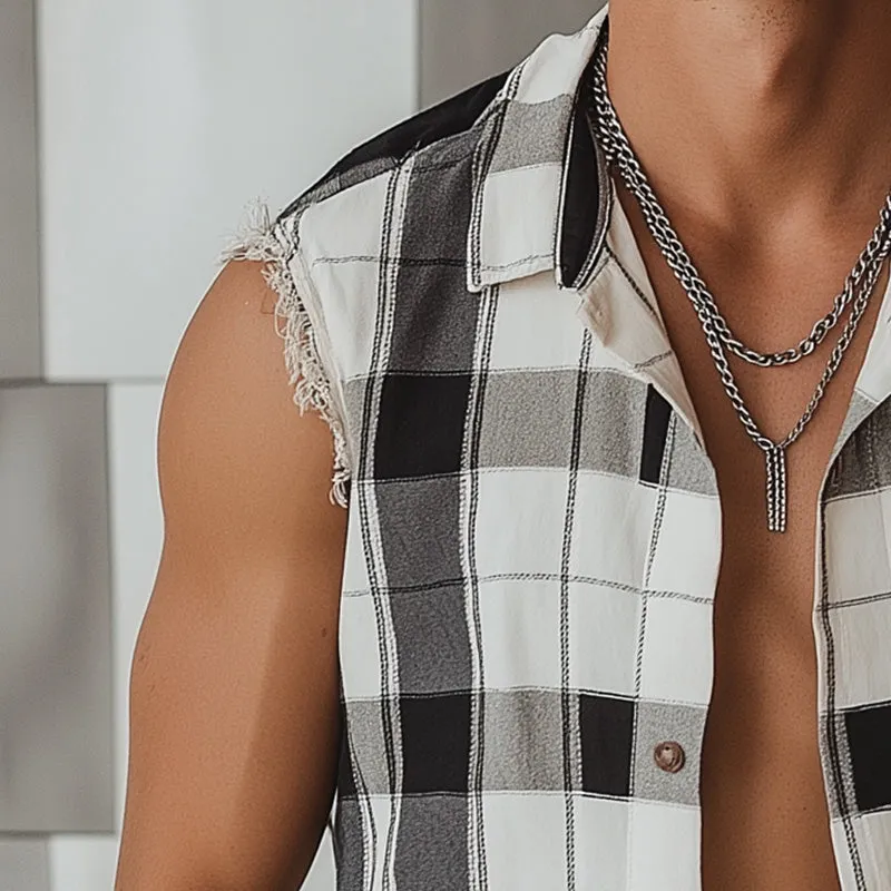Men's Summer Cotton and Linen Plaid Print Raw Edge Casual Tank Top MTA2480D8P sold by Manly product image thumbnail 3