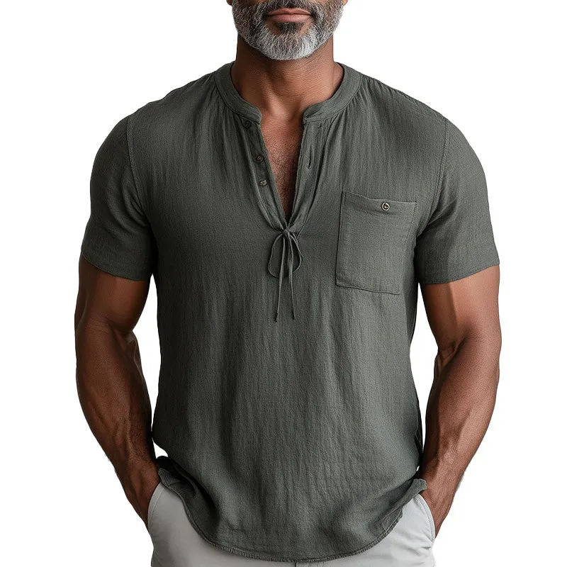 Men's Summer Linen Blend Short Sleeve Lace-Up Henley Shirt MTA2406D0P sold by Manly