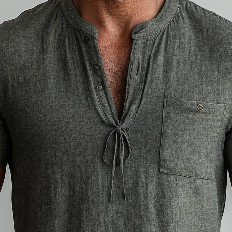 Men's Summer Linen Blend Short Sleeve Lace-Up Henley Shirt MTA2406D0P sold by Manly product image thumbnail 3