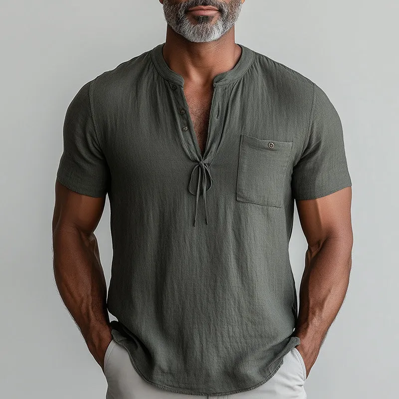 Men's Summer Linen Blend Short Sleeve Lace-Up Henley Shirt MTA2406D0P sold by Manly product image thumbnail 2