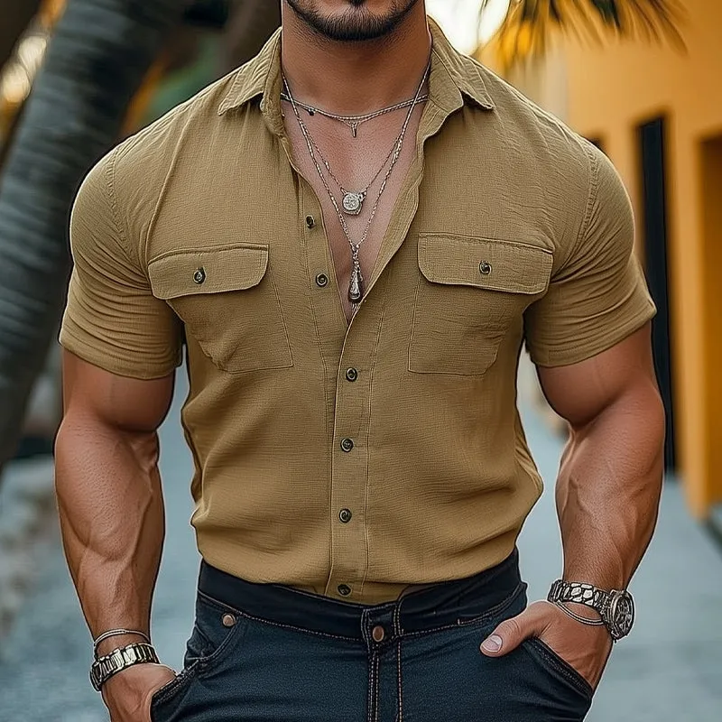 Men's Summer Basic Textured Button Short Sleeve Shirt MTA2350D8U sold by Manly product image thumbnail 2