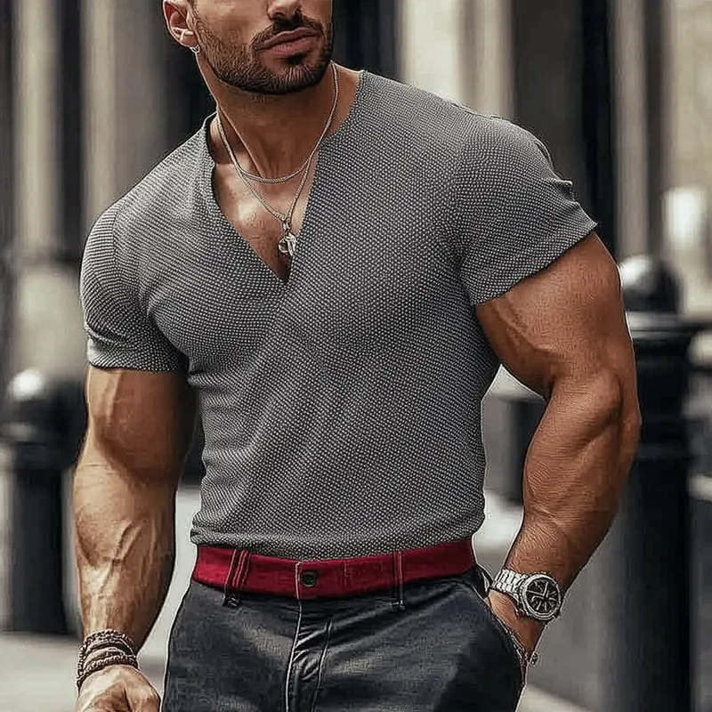 Men's Summer Basic Texture V-neck T-shirt MTA2480D0U sold by Manly product image thumbnail 2