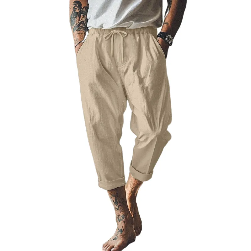 Men's Casual Breathable Cotton Linen Elastic Waist Loose Holiday Capri Pants MTA2346D4M sold by Manly