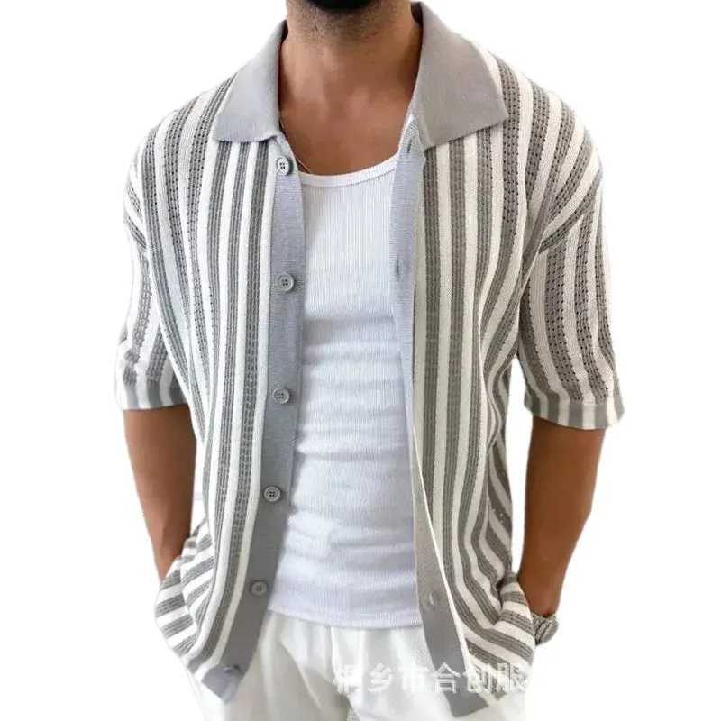 Men's Summer Casual Striped Knitted Short Sleeve Shirt MTA2334D8X sold by Manly product image thumbnail 3