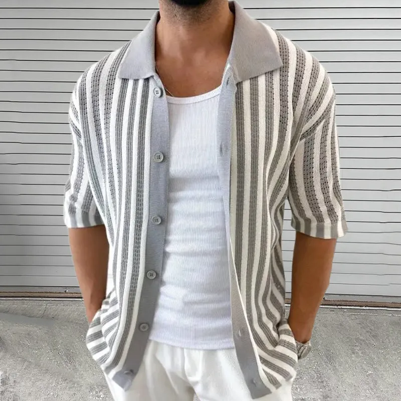 Men's Summer Casual Striped Knitted Short Sleeve Shirt MTA2334D8X sold by Manly product image thumbnail 5
