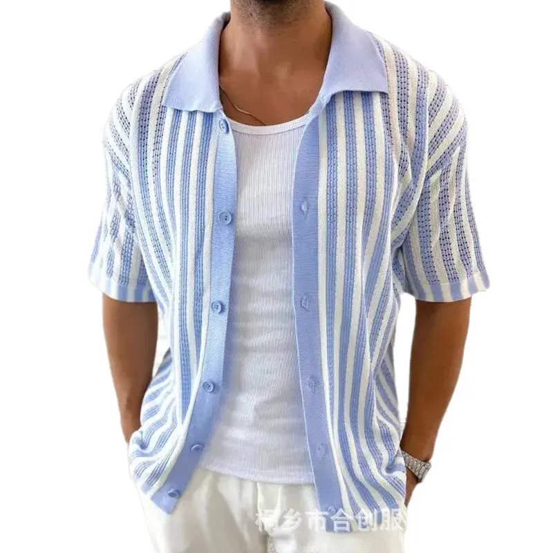 Men's Summer Casual Striped Knitted Short Sleeve Shirt MTA2334D8X sold by Manly product image thumbnail 4