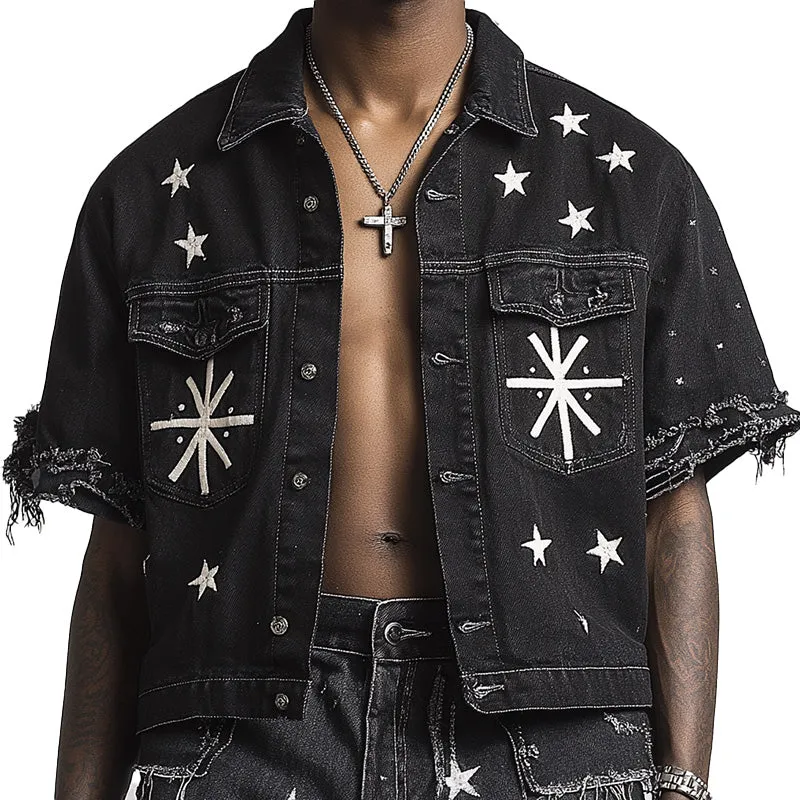 Men's Summer Retro Print Raw Edge Casual Denim Short Sleeve Shirt MTA2332D6P sold by Manly