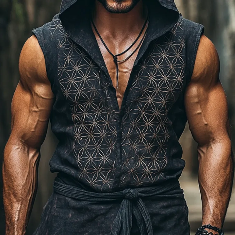 Men's Vintage Casual Flower of Life Printed Linen Hooded Sleeveless Shirt MTA2728C4TO sold by Manly product image thumbnail 3