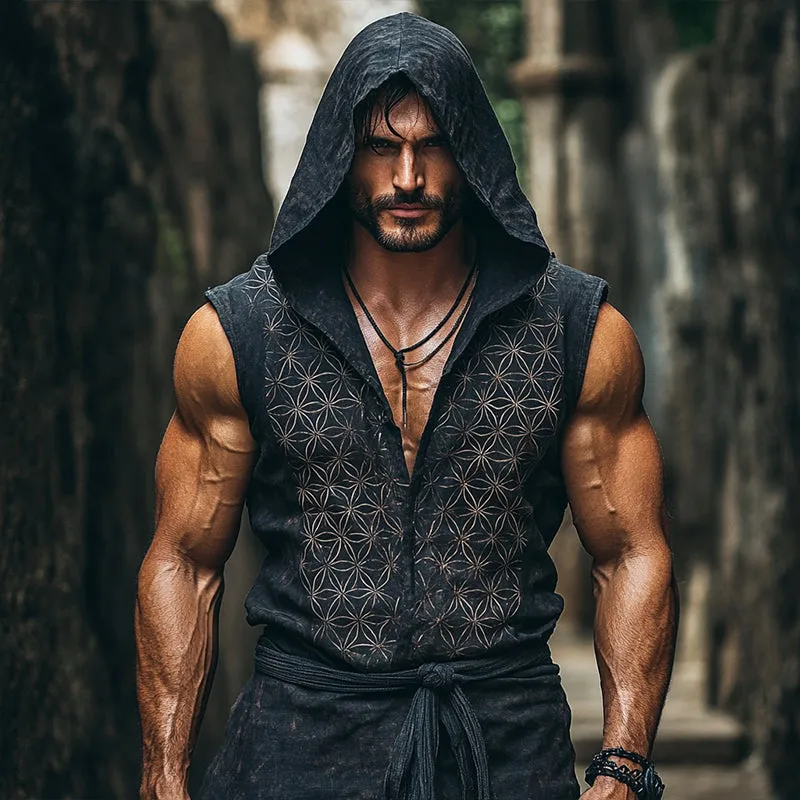Men's Vintage Casual Flower of Life Printed Linen Hooded Sleeveless Shirt MTA2728C4TO sold by Manly product image thumbnail 2
