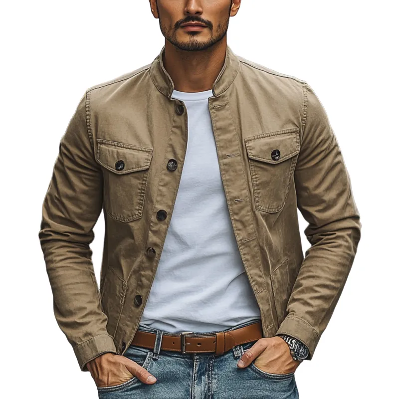 Men's Casual Cotton Washed Stand Collar Single Breasted Slim Fit Jacket MTA2502D7M sold by Manly